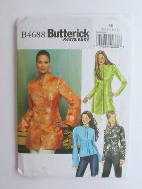 Butterick B4688 Asian Style Jacket w Mandarin Collar, Frog Closure Sz 8-14 Uncut